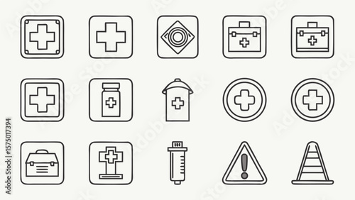 Collection of hand drawn medical and safety icons including crosses first aid kits and warning signs
