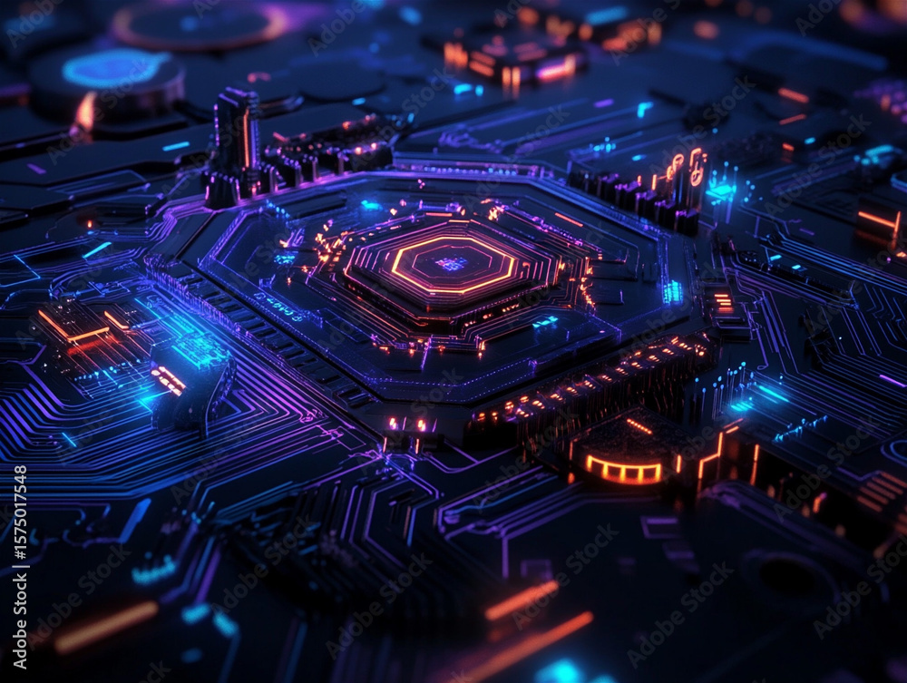 Fototapeta premium A futuristic glowing circuit board rendered with vivid neon lines in purple, orange, and blue. It evokes themes of advanced technology, artificial intelligence, and digital landscapes.
