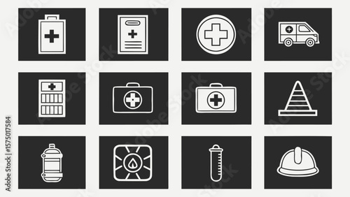 Collection of medical and safety icons including first aid kit ambulance and safety equipment