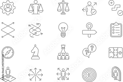 Collection of business strategy and planning icons in outline style on white background