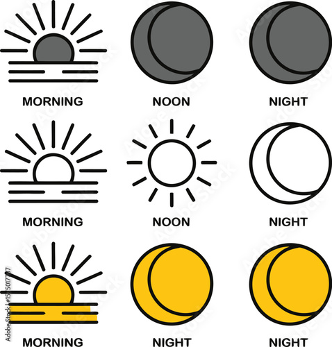 Illustrations showing morning noon and night sun and moon phases in different colors