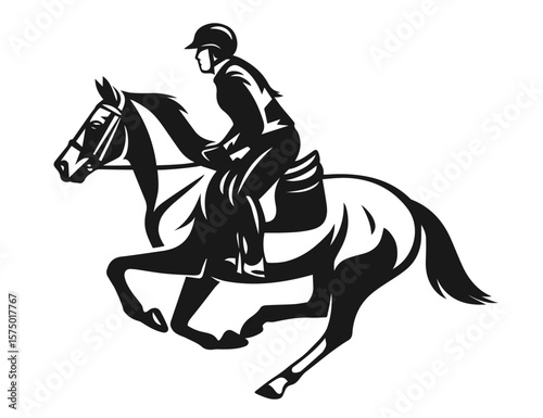 Equestrian rider galloping on a horse in black and white vector style with dynamic movement and control