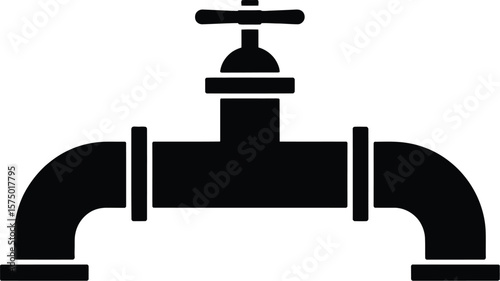 A black silhouette of a water faucet with a handle on a white background illustration