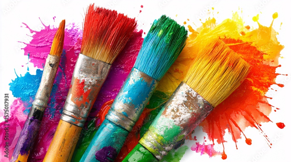 Fototapeta premium Colorful paintbrushes with vibrant paint splatters