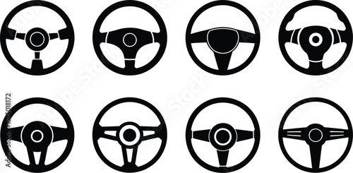 A collection of eight different black steering wheel designs displayed on a white background