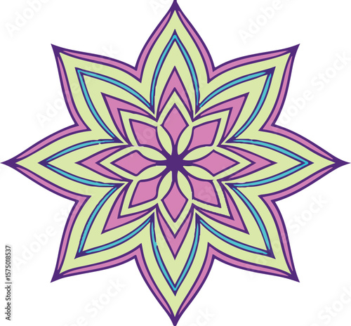 Colorful eight pointed floral mandala illustration on a white background decorative graphic design