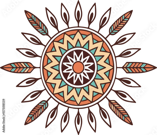 Colorful decorative native american inspired mandala design with feathers and geometric shapes