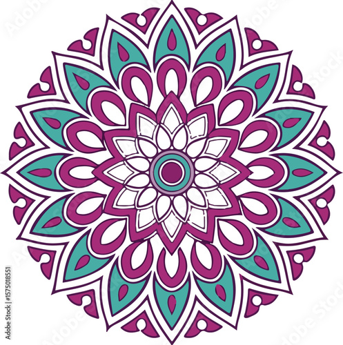 Colorful floral mandala illustration featuring teal and purple elements on white background
