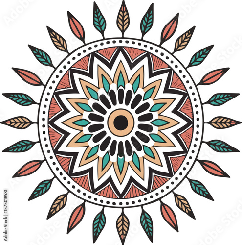 Colorful hand drawn bohemian mandala illustration with leaf border in a decorative design
