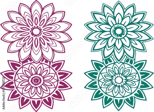 Elegant floral mandala designs in two color schemes suitable for decorative and artistic projects