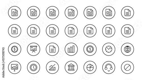 Collection of business and finance related icons in a circular outline style