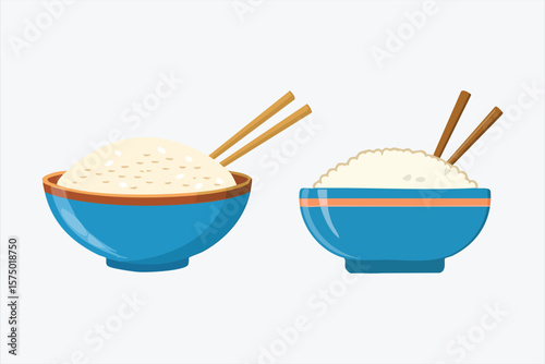 Two bowls of rice with chopsticks on a white background illustration