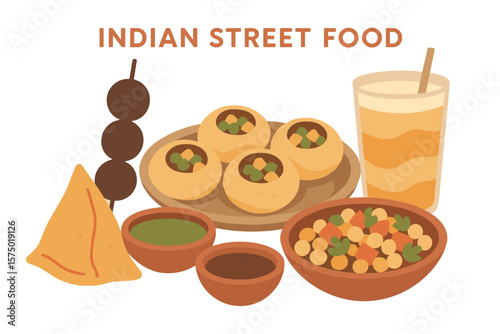Delicious indian street cuisine: flat style snack and drink collection