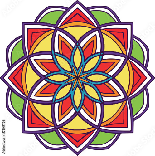 Vibrant and colorful hand drawn mandala art featuring floral and geometric design elements