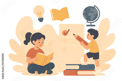Family learning time: child and parent reading together with education icons