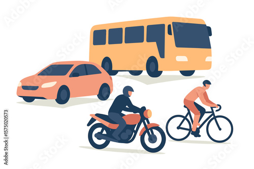 Urban transportation modes: car, bus, motorcycle, bicycle in flat design