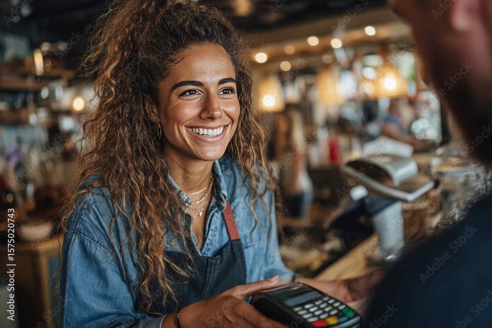 Fototapeta premium Kindly smiling saleswoman holding POS machine and accepting wireless transaction debit card to make a cashless payment. Contactless payment, lifestyle technology. 