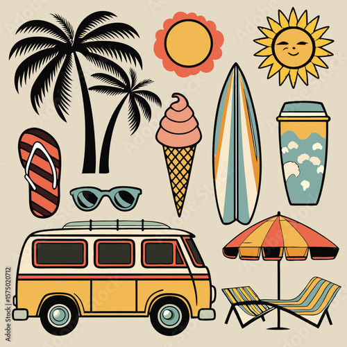 Retro summer vacation vector illustration featuring beach sunset, palm trees, surfboard, ice cream, sunglasses, flip-flops, tropical drink, and vintage motel van in nostalgic 1980s style