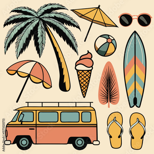 Retro summer vacation vector illustration featuring beach sunset, palm trees, surfboard, ice cream, sunglasses, flip-flops, tropical drink, and vintage motel van in nostalgic 1980s style