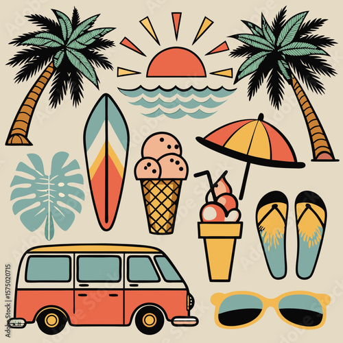 Retro summer vacation vector illustration featuring beach sunset, palm trees, surfboard, ice cream, sunglasses, flip-flops, tropical drink, and vintage motel van in nostalgic 1980s style