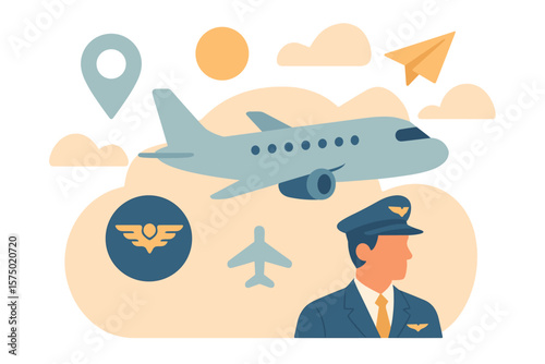 Airline journey concept with pilot and aircraft icons in flat design