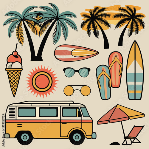 Retro summer vacation vector illustration featuring beach sunset, palm trees, surfboard, ice cream, sunglasses, flip-flops, tropical drink, and vintage motel van in nostalgic 1980s style