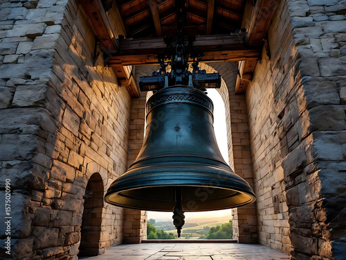Large Church Bell on the Belfry. The Power of Chime in Architecture. Historic Bell Tower with Massive Bell. 