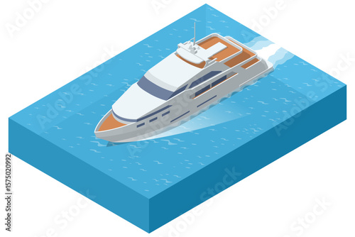Isometric yacht moving on blue water. The yacht is leaving a wake behind as it sails. Travel, luxury, marine transport, or summer vacation. Top view of a modern, luxurious yacht speeding on water.
