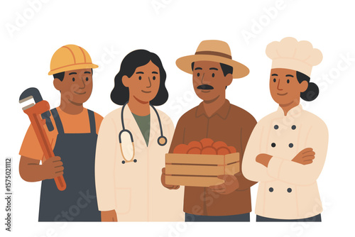 Diverse professionals in agriculture, medicine, plumbing, and culinary careers