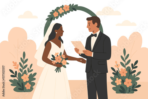 Elegant flat style wedding scene with bride and groom exchanging vows outdoors