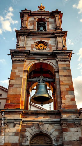 Large Church Bell on the Belfry. The Power of Chime in Architecture. Historic Bell Tower with Massive Bell. 