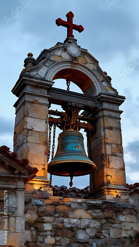 Large Church Bell on the Belfry. The Power of Chime in Architecture. Historic Bell Tower with Massive Bell. 