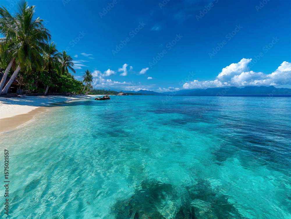 Fototapeta premium A vibrant tropical beach scene with turquoise water, soft golden sand, and leaning palm trees casting shadows on the shore. The backdrop features lush green hills under a bright blue sky with scattere
