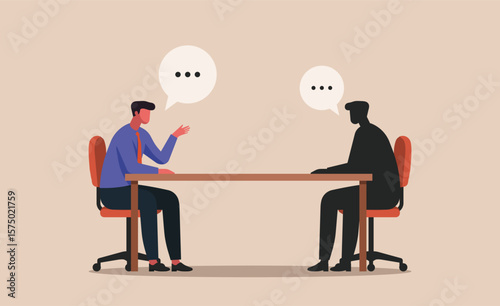 Businessman sitting at desk having conversation with his shadow figure, concept of inner dialogue, self confrontation, reflection, imposter syndrome, or mental conflict, flat vector illustration