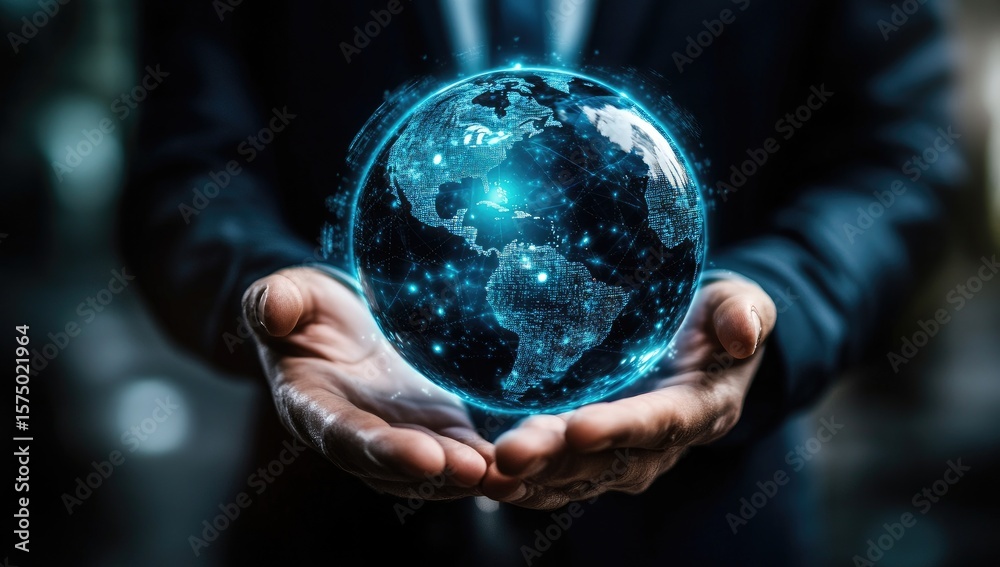 Businessman holds digital Earth globe Businessman holds digital Earth globe