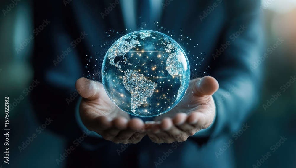 Businessman holds digital Earth globe, modern office Businessman holds digital Earth globe, modern office