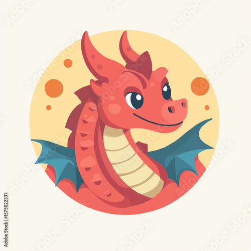 Flat naive icon of smiling dragon token with playful cartoon design, perfect for children's games, nursery prints and fun digital assets