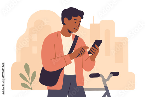 Young man engaged on smartphone next to scooter in urban setting