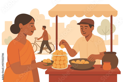 Vendor serving traditional indian snacks to smiling customer at outdoor market