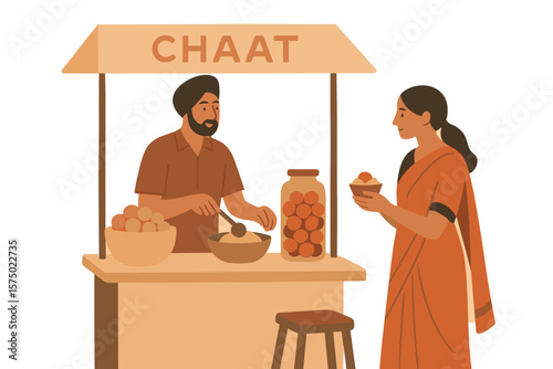 Street food scene: vendor and customer enjoying indian chaat