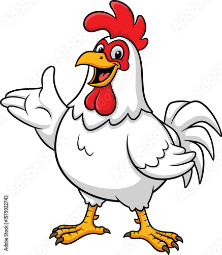 Cartoon white rooster waving, cheerful chicken character, red comb and wattle, yellow beak and feet, smiling bird expression, vector illustration, farm animal mascot