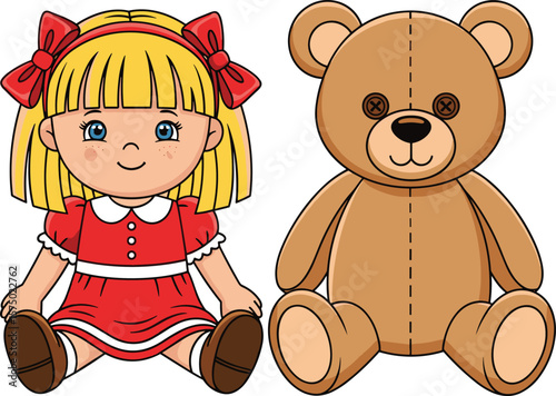 Cartoon doll and teddy bear illustration, blonde girl toy with red dress, stitched plush bear, sitting pose, cute vintage style, vector drawing, childhood icons