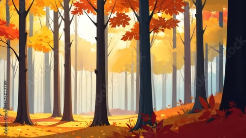 Stylized autumn forest scene depicts tall trees with orange and yellow foliage, sunlight filtering through the trees. Forest floor is covered in leaves