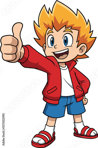 Cartoon character thumbs-up pose, smiling blonde boy, red jacket outfit, blue shorts and sandals, cheerful gesture, expressive face, vector illustration, mascot design