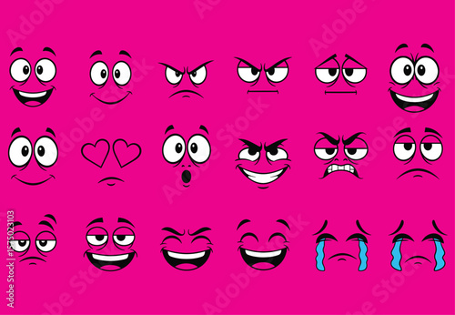 Cartoon face expression set, twenty emotional variations, smile, frown, surprise, love, anger, quirky designs, round face icons, vector illustration, mood chart