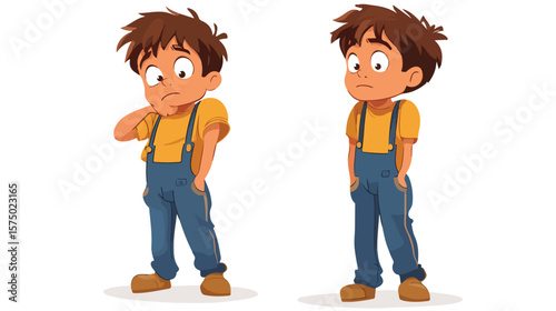 Sad Bored Boy in Farmer Overalls Cartoon Character