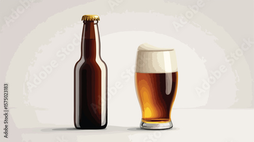 Modern Beverage Design with Bottle and Beer Glass Flat Vector