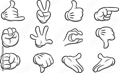Cartoon white glove hand gesture set, twelve expressive poses, peace sign, pointing finger, thumbs up, open palm, fist, OK sign, vector icons