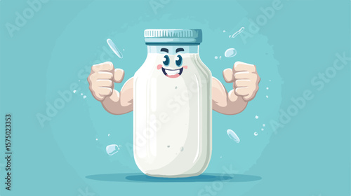 Strong Muscular Cartoon Mascot Holding a Bottle of Milk