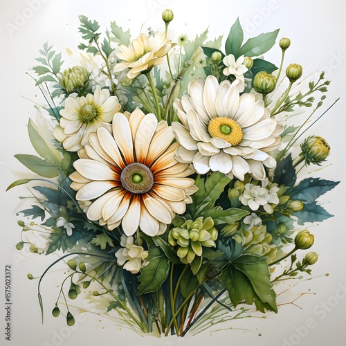 Realistic and vibrant bouquet of white daisies with lush green leaves on light background